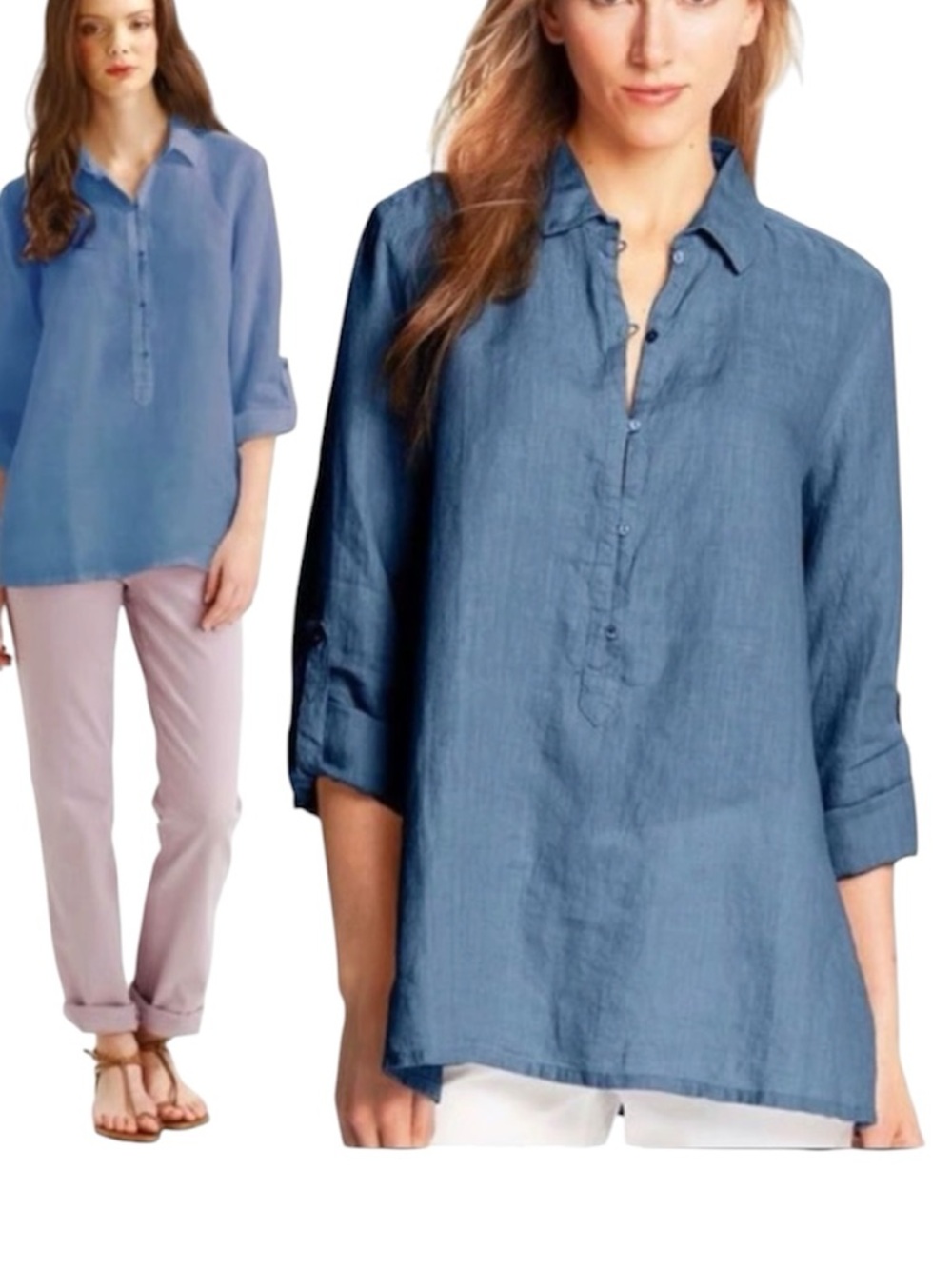 Eileen Fisher Irish Linen tunic top blue M